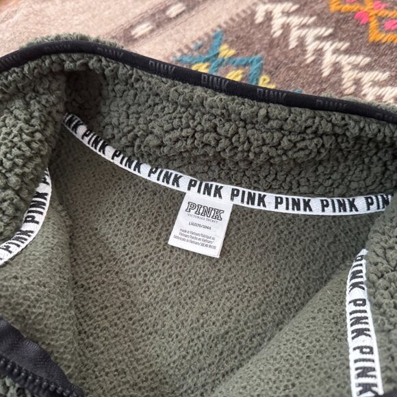 PINK Victoria's Secret Sherpa Pullover 3/4 Zip Jacket L EUC Forest Green - Picture 2 of 7